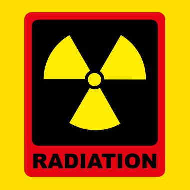 Sarı arka planda radyasyon işareti. Web siteleri için radyasyon ve tehlike sembolü simgesi biçimi. Vektör illüstrasyonu