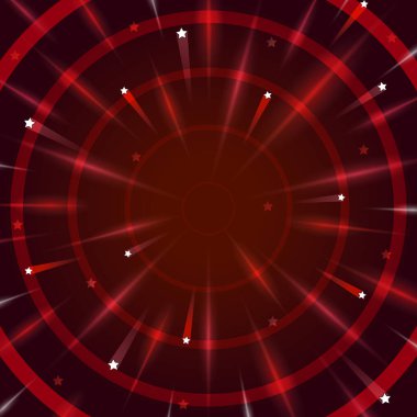 Kırmızı arka plan uzay tarzı, beyaz yıldızlar ve kırmızı ışınlar. Metin için şablon. Vektör illüstrasyonu
