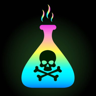 Siyah arka planda çapraz kemikli zehirli şişe ve kafatasının renk ikonu. Vektör illüstrasyonu