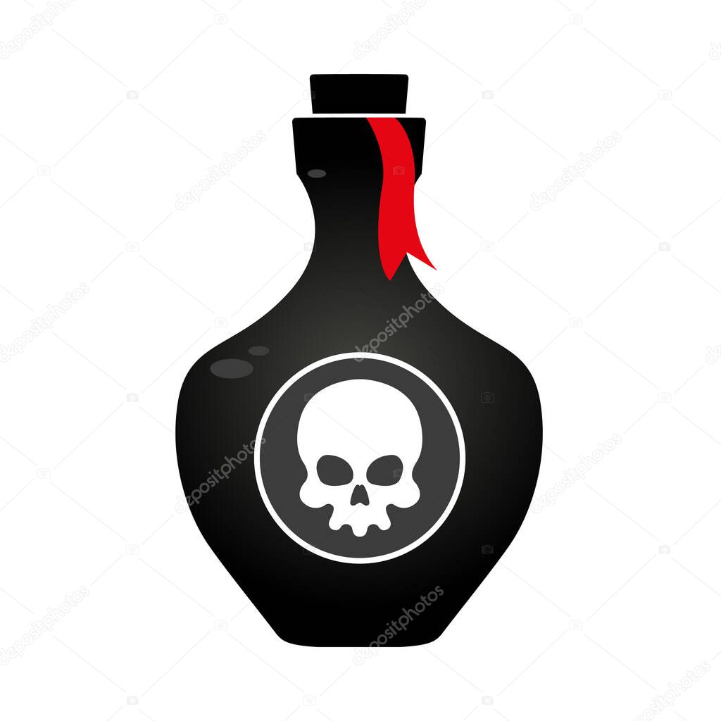 Black bottle of poison with a sticker of a white skull on a white background. Isolated object. Vector illustration