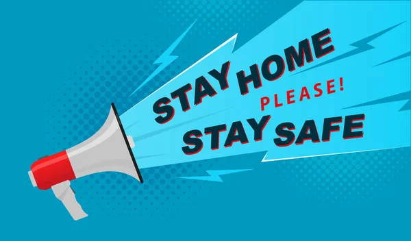İçinde megafon ve metin olan bir poster. Evde kal, mavi arka planda güvende ol. Covid-19 Coronavirus Karantina Evi Kalma Kampanyası. Vektör illüstrasyonu