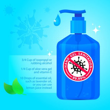 Bakterilere karşı el temizliği için antibakteriyel jel, Coronavirus, Covid 19. Evde el dezenfektanı hazırlıyorum. Vektör illüstrasyonu