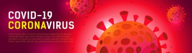 Coronovirus temalı panoramik pankart, Covid 19 dünya çapında. Koronavirüsün kırmızı işareti. Metnin için yer şablonu. Vektör illüstrasyonu