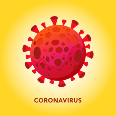 Kırmızı soyut bakteri ikonu, koronavirüs, COVID -19 sarı zemin üzerinde. Yalnız nesne. Dünya çapında salgın konsepti. Vektör illüstrasyonu