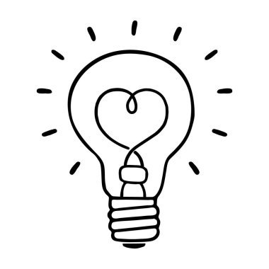 Beyaz arka planda parlayan ampul simgesi. Kalp şeklinde akkor spiral. Ayrı bir nesne. Simge, sembol. Bebek karalama stili. El yapımı siyah çizim. Vektör illüstrasyonu
