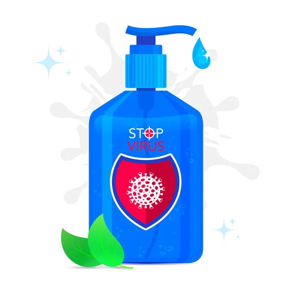 Blaue Flasche Händedesinfektionsmittel Hygiene Auf Weißem Hintergrund Stoppt Das Virus — Stockvektor