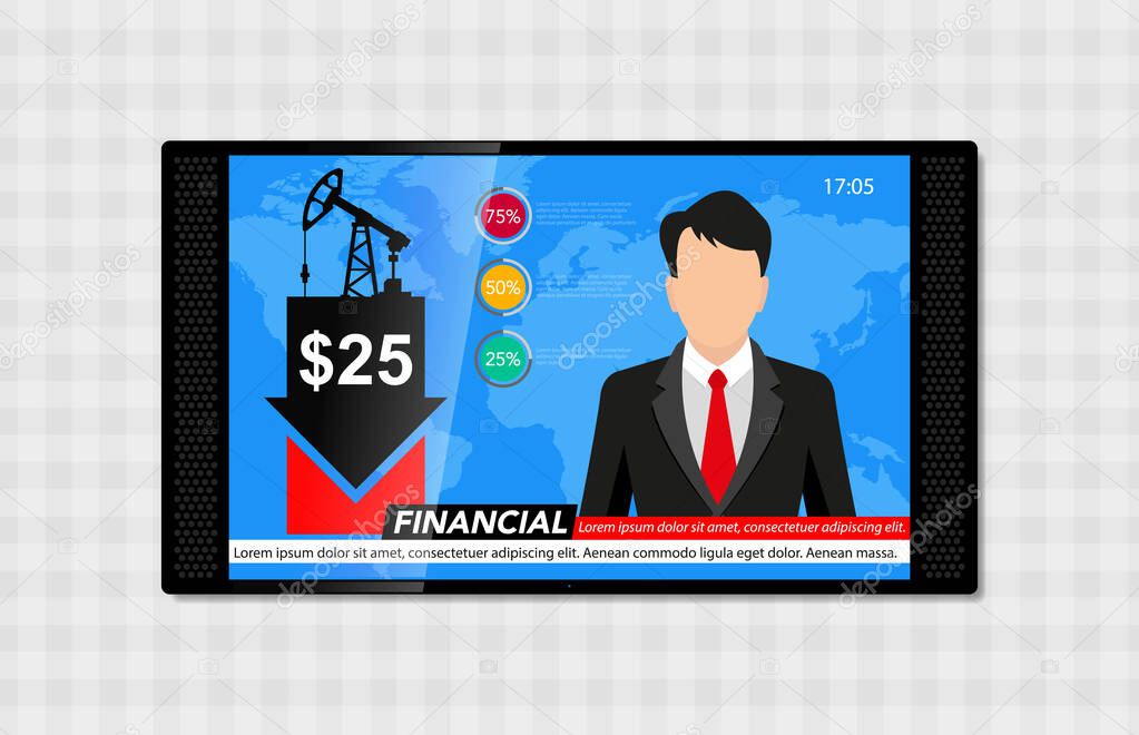 TV on the wall and the presenter of finance news, cheap oil. Schedule for lower oil prices. Vector illustration