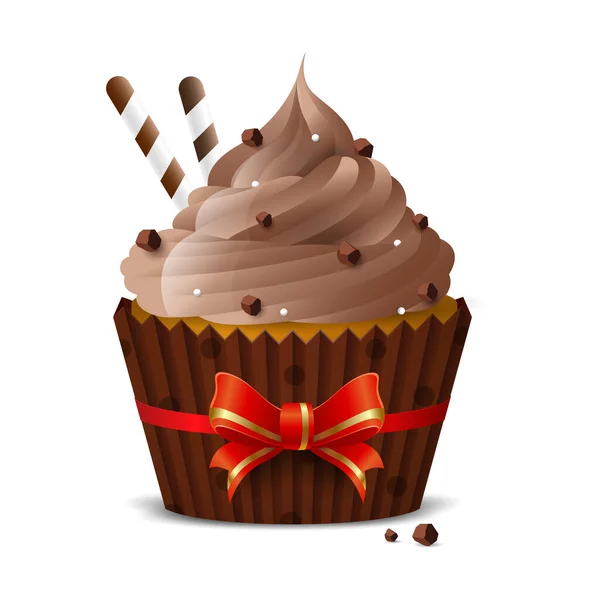 Cupcake Doce Com Cobertura Café Chips Chocolate Tubos Wafer Finos — Vetor de Stock