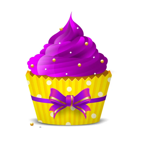 Cupcake Doce Com Decoração Gelo Roxo Bolas Douradas Fundo Branco — Vetor de Stock