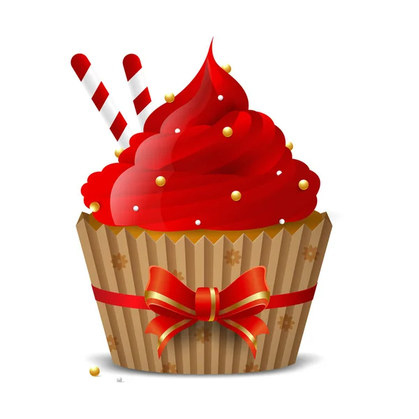 Cupcake Doce Com Decoração Gelo Vermelho Bolas Douradas Tubos Bolacha — Vetor de Stock