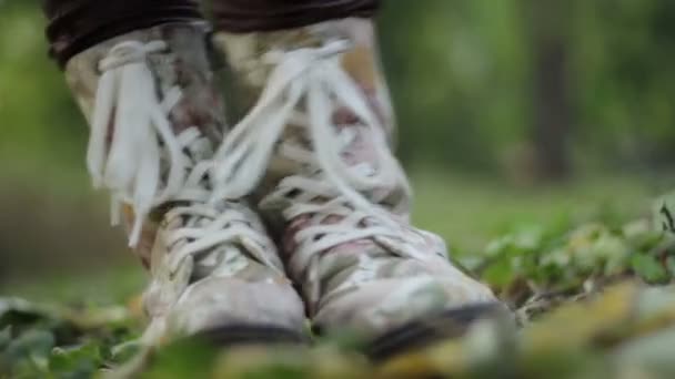 Menina de botas pulando pelas folhas — Vídeo de Stock