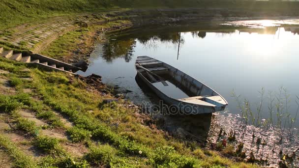 A boat on the river where the wind blows away dandelion — Stock Video