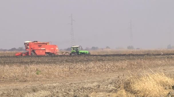 Трактор и комбайны обрабатывают землю — стоковое видео