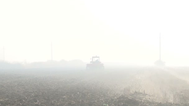 Un hombre y un tractor en la niebla — Vídeos de Stock