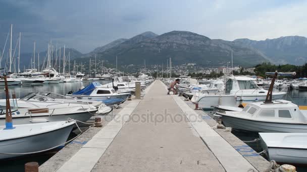 Curious man looking at yachts and boats in the harbor — Stock Video