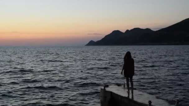 Silhouette d'une fille qui sort sur le quai et regarde la mer — Video