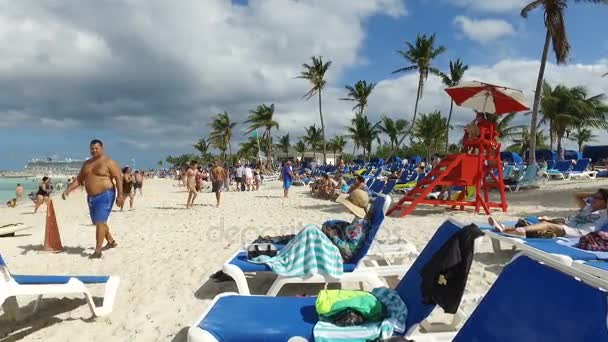 Persone sulla spiaggia e palme che svolazzano sul vento — Video Stock