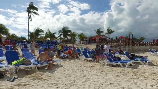 Turisti godendo sulla spiaggia e palme svolazzanti sul vento — Video Stock