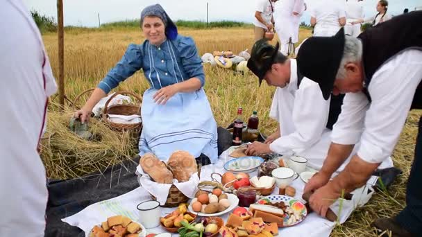 Skupina lidí se připravují na snídani na hřišti před sklizní, 1st of Červenec 2017, Zrenjanin, Srbsko. — Stock video