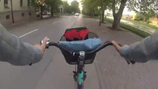 4k, lapso de tiempo, la chica conduce una bicicleta a través de la ciudad con una cesta llena de corazones rojos, un clip desde su perspectiva — Vídeos de Stock