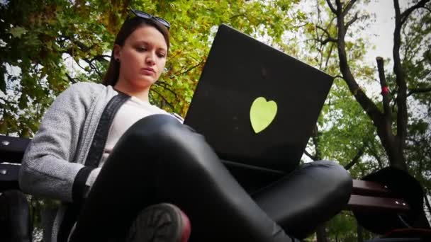 Genç bir kadın ile bir dizüstü bilgisayar kucağında, bir parkta bir bankta oturur yazarak — Stok video