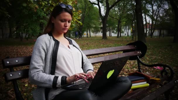 3-1, egy fiatal nő, működő-ra egy laptop, szabadtéri hivatalban, őszi park — Stock videók