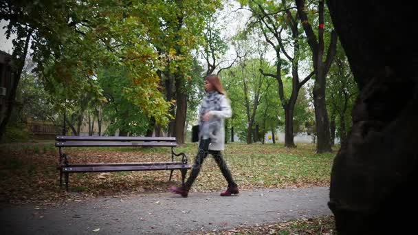 Una chica con una computadora portátil caminando hacia el banco en el parque, luego se sentó en el banco, abrió su computadora portátil y comenzó a trabajar, planos deslizantes suaves — Vídeos de Stock