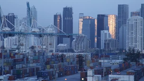 Puerto para cruceros MIAMI, FL, Estados Unidos - SEPTIEMBRE 12, 2017: Miami después del huracán Irma, Hermosa vista panorámica de Miami, amanecer, los rayos del sol en el edificio — Vídeos de Stock