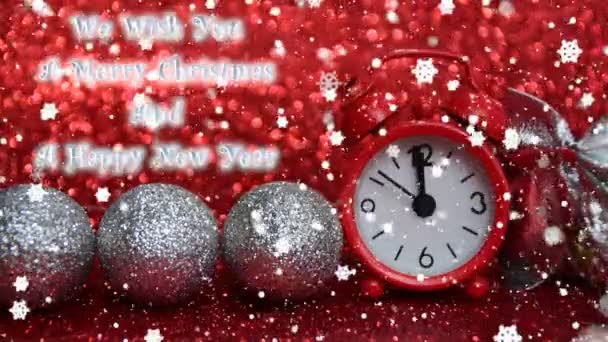 蜱钉十秒到午夜 红色的晚上手表计数10秒到午夜 雪效果 我们祝愿您一个快乐的圣诞节和一个愉快的新年文本 — 图库视频影像