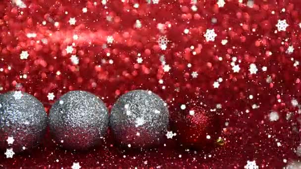 Желаем Веселого Рождества Счастливого Новогоднего Текста Серебряного Красного Шара Блестками — стоковое видео
