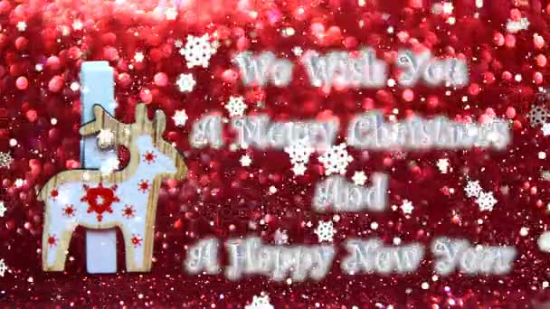 Желаем Веселого Рождества Счастливого Новогоднего Текста Деревянных Оленей Красным Фоном — стоковое видео