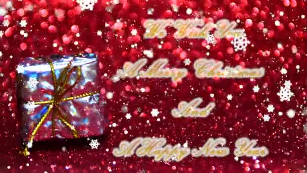 我们祝愿您一个愉快的圣诞节和新年快乐文本 礼物在一个装饰箱子 — 图库视频影像