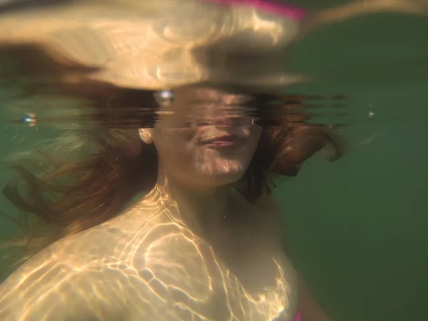 Female Face Water Diving Mask Diving Breath — Stock Photo, Image