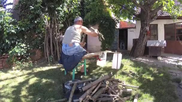 Man Cutting Wood Branches Making Them Firewood — Stock Video