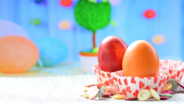 Woman Hand Takes Three Colored Eggs Easter Decoration — Stock Video