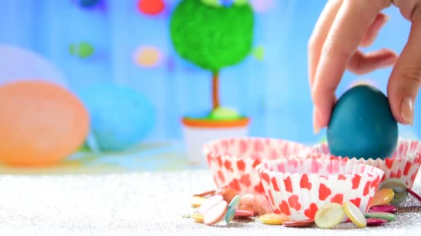 Woman Hand Puts Eggs Basket Text Happy Easter — Stock Video