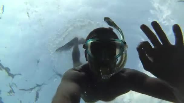 マスクの海でのダイビングとシュノーケ リングの男 — ストック動画