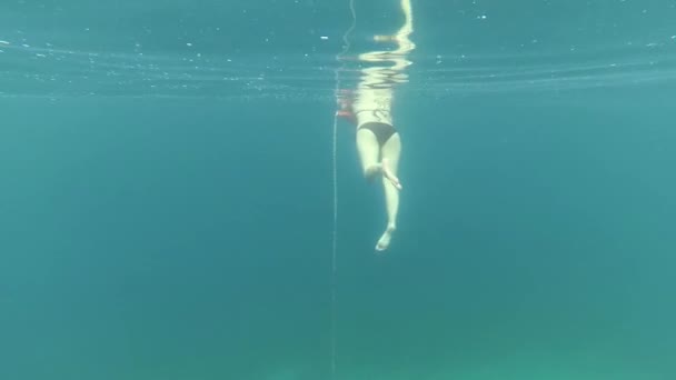 Πόδια Της Νεαρής Γυναίκας Που Διακινούνται Υποβρύχια Θέα Στη Θάλασσα — Αρχείο Βίντεο