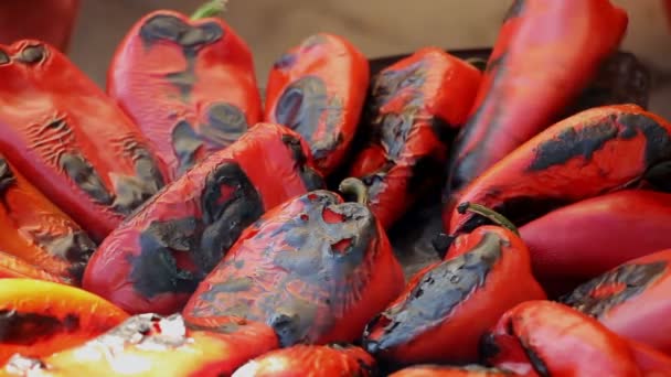 Red Sweet Pepper Cooking Grill Chef Turns Them — Stock Video