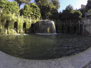  Oval Çeşme (Fontana dell 'Ovato) güneşli bir günde İtalya' nın Tivoli kentindeki Villa D 'Este' nin güzel bahçelerinde. Teraslı yamaç parkı, Tivoli 'deki Villa d' Este 'nin yanındaki Rönesans bahçesi.
