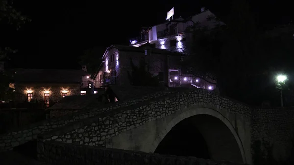 Mały Kamienny Most Noc Starym Mieście Mostar Bośnia Hercegowina Widok — Zdjęcie stockowe