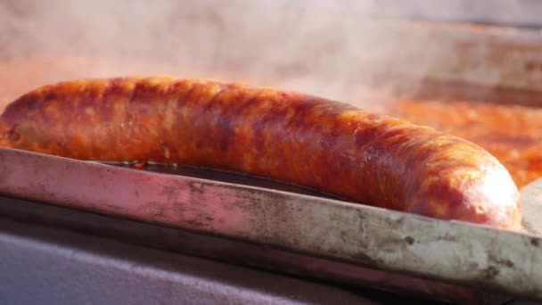 Street Food Market Vendor Cooking Selling Sausages Tasty Sausages Large — Stock Video