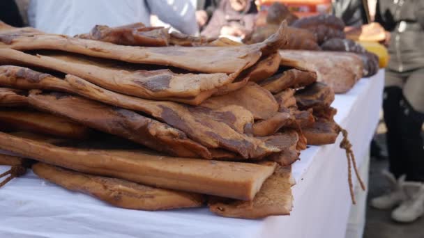 Sale Dried Meat Products Street Food Festival — Stock Video