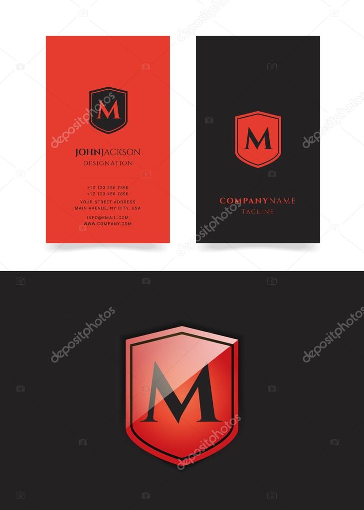 M letter logo, Shield shape icon, with Business card templates. vector illustration