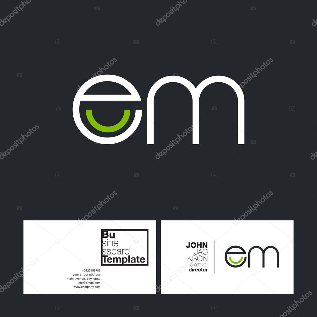 Round letters EM company logo, with business card template vector illustration, corporate identity