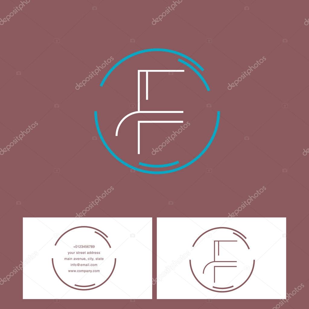 F thin line with round frame single Letter Company Logo template, with Business Card Template Vector illustration, corporate identity
