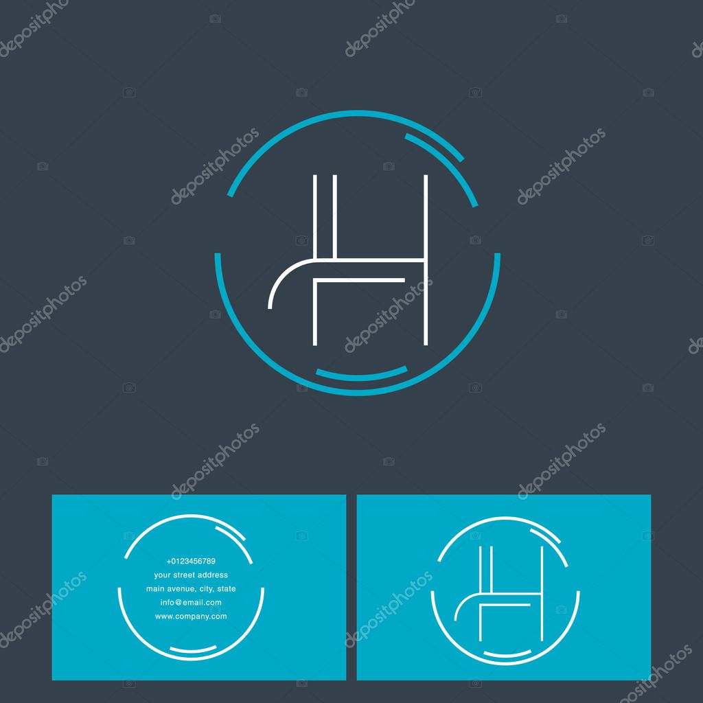 H thin line with round frame single Letter Company Logo template, with Business Card Template Vector illustration, corporate identity