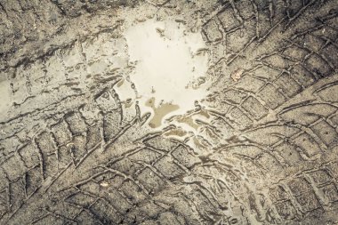 Islak bir çamurlu yolda lastik izleri