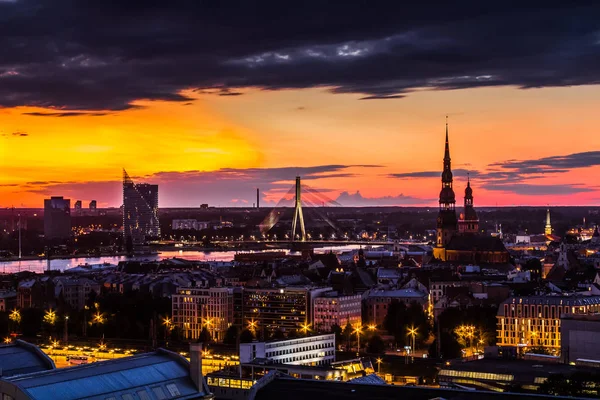 Landscape of the city from the top, Riga in sunset light, Latvia — Stock Photo, Image