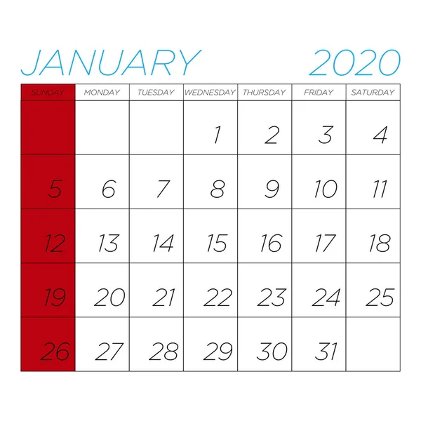 Kalendarz wektorowy na styczeń 2020 r. na białym tle — Wektor stockowy